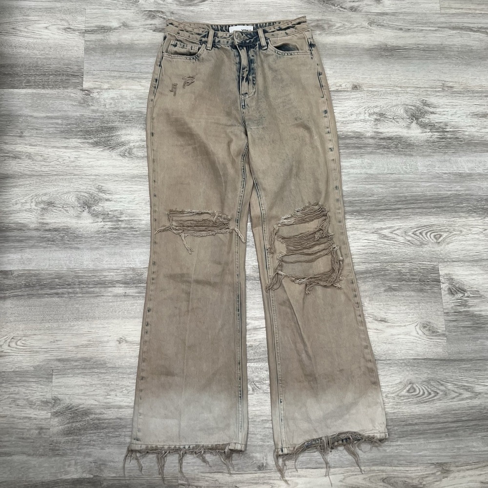 Vervet Distressed Flare‎ Jeans Ripped Knee Frayed Hem Bleach Wash Wide Leg Sz 26